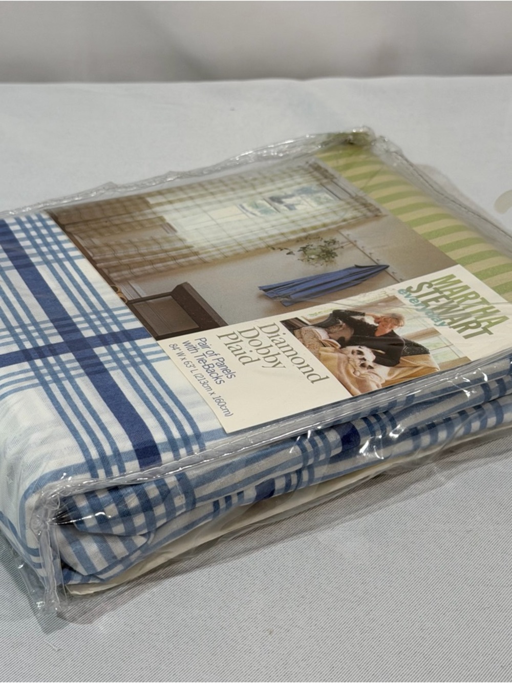 Martha Stewart Tie back Curtains Set Diamond Dobby Plaid Tile Blue 90s 63” L